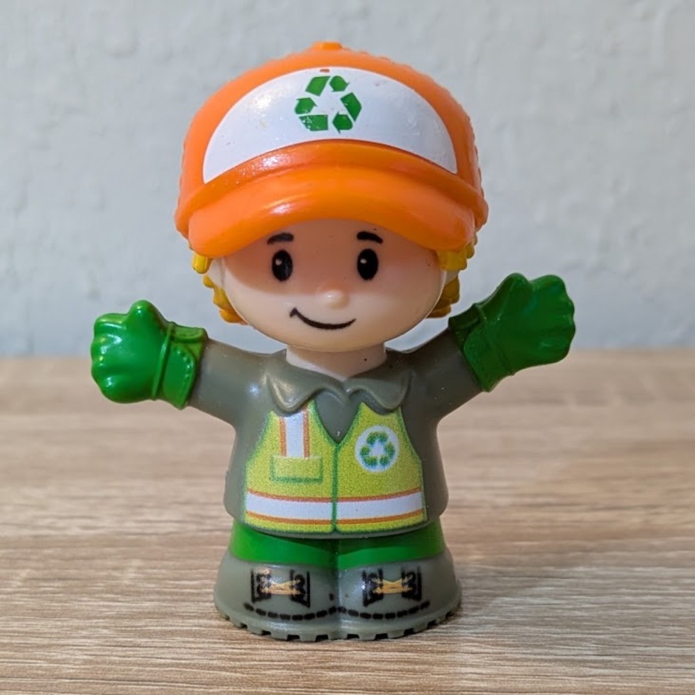 Fisher Price Little People Recycling Worker Figure GWD29 Orange Hat Green Gloves